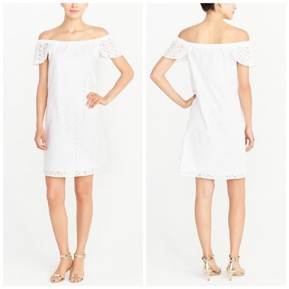 NEW J. Crew White Eyelet Off the Shoulder Dress Small S J0976 Chic Preppy NWT - Picture 1 of 11